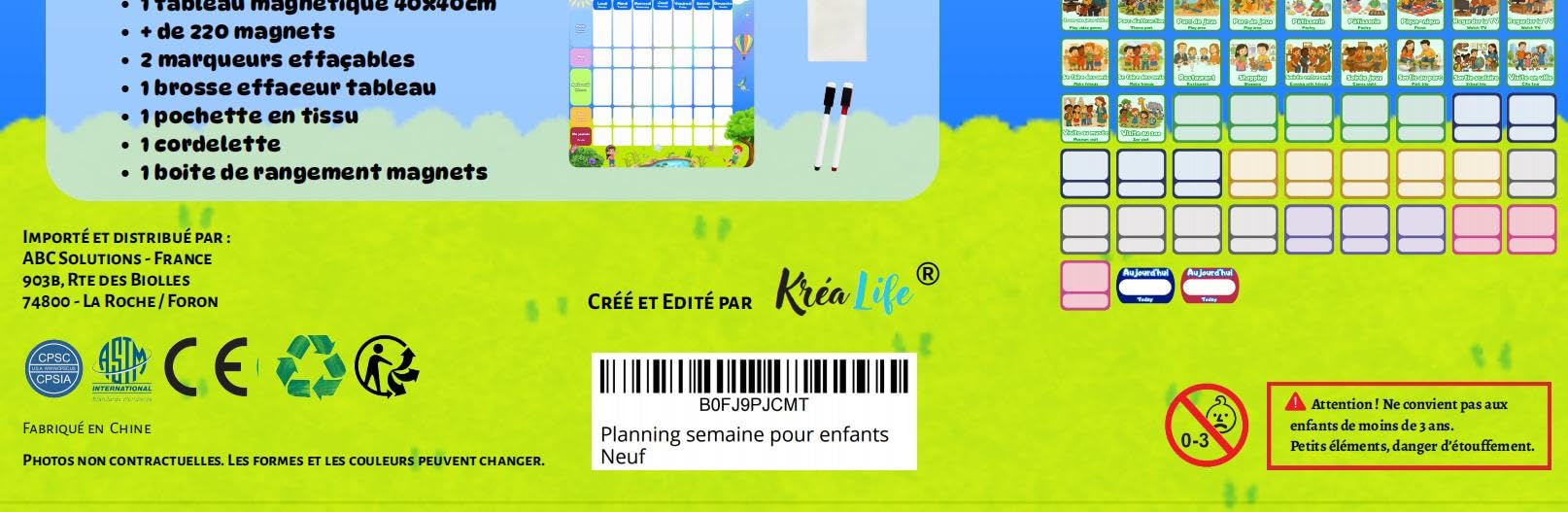 KréaLife® Planning Semaine Enfant Tableau Magnétique 40x40 cm +220 Aimants Colorés Éducatif Bilingue FR/EN