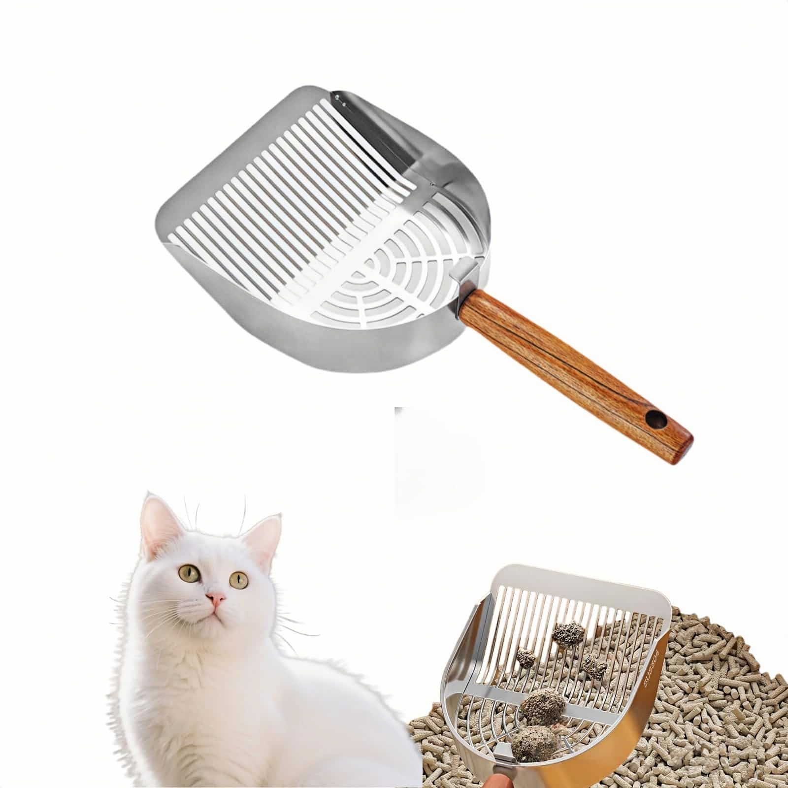 Premium Stainless Steel Cat Litter Scoop-Triple Guard Walls&Non-Stick Design,Silver,Flat Shovel Head Design Solid Deep Edge Wood Handle,Dual Hooks 1Pack,6.1x5.3inch (Silver long strip) (Silver)