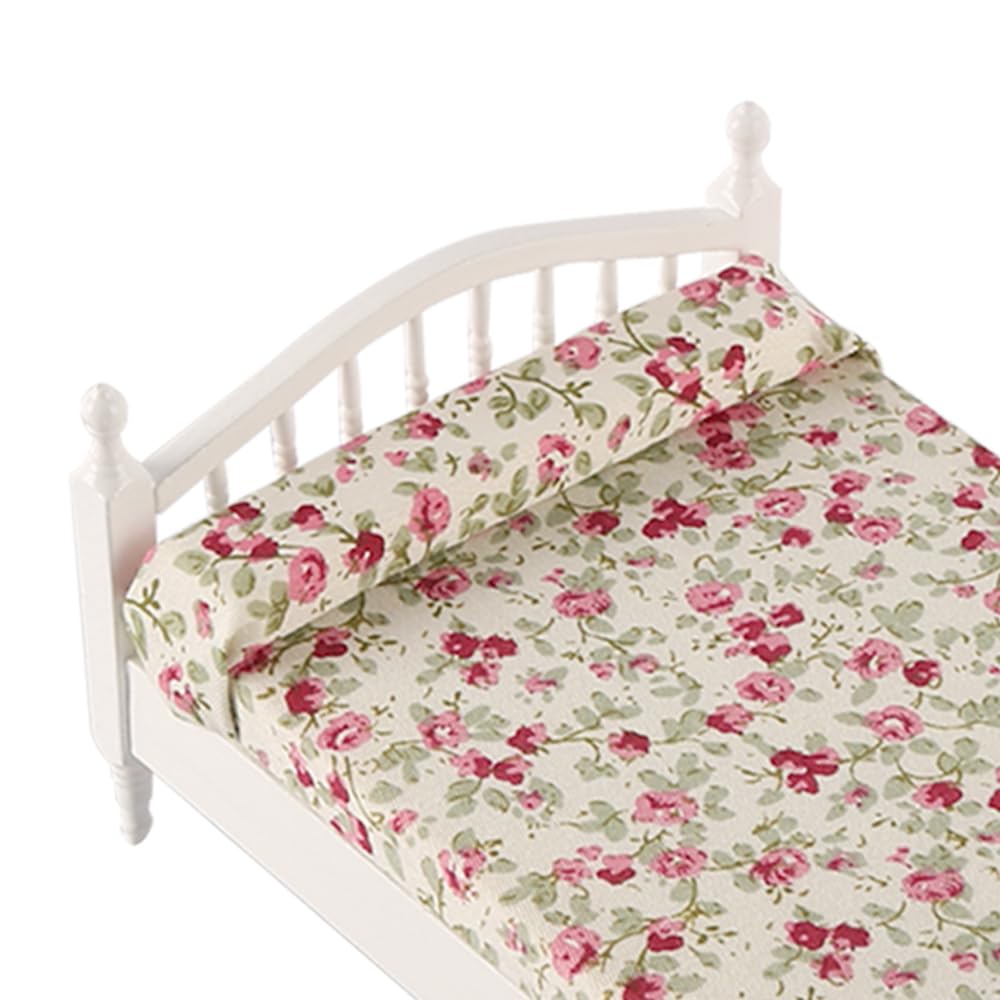 FONGKNOX 1/12 Miniature Double Bed Flower Pattern Miniature Dollhouse Double Bed Wooden Furniture for Dolls House Bedroom Decoration - Image 4