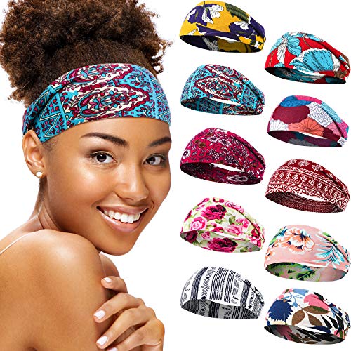 10 Pieces Boho Headbands Women's Yoga Running Headbands Sports Workout Hair Bands Boho Printed Floral Headbands Stretchy Wide Turban Thick Head Wrap