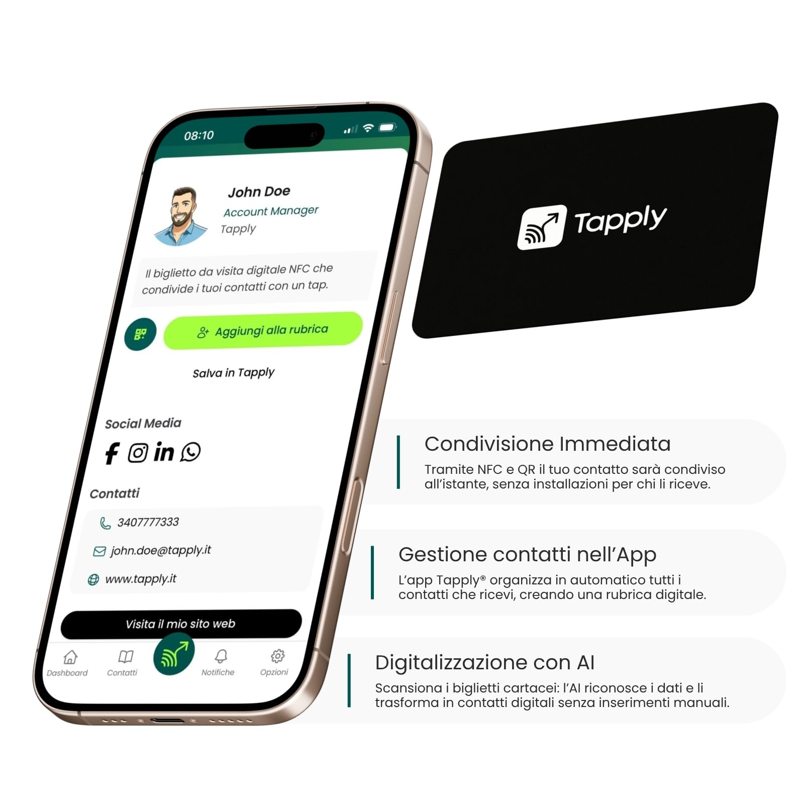 Biglietto da Visita Digitale NFC QR Code Compatibile Android iOS Profilo Aggiornabile Online Nero