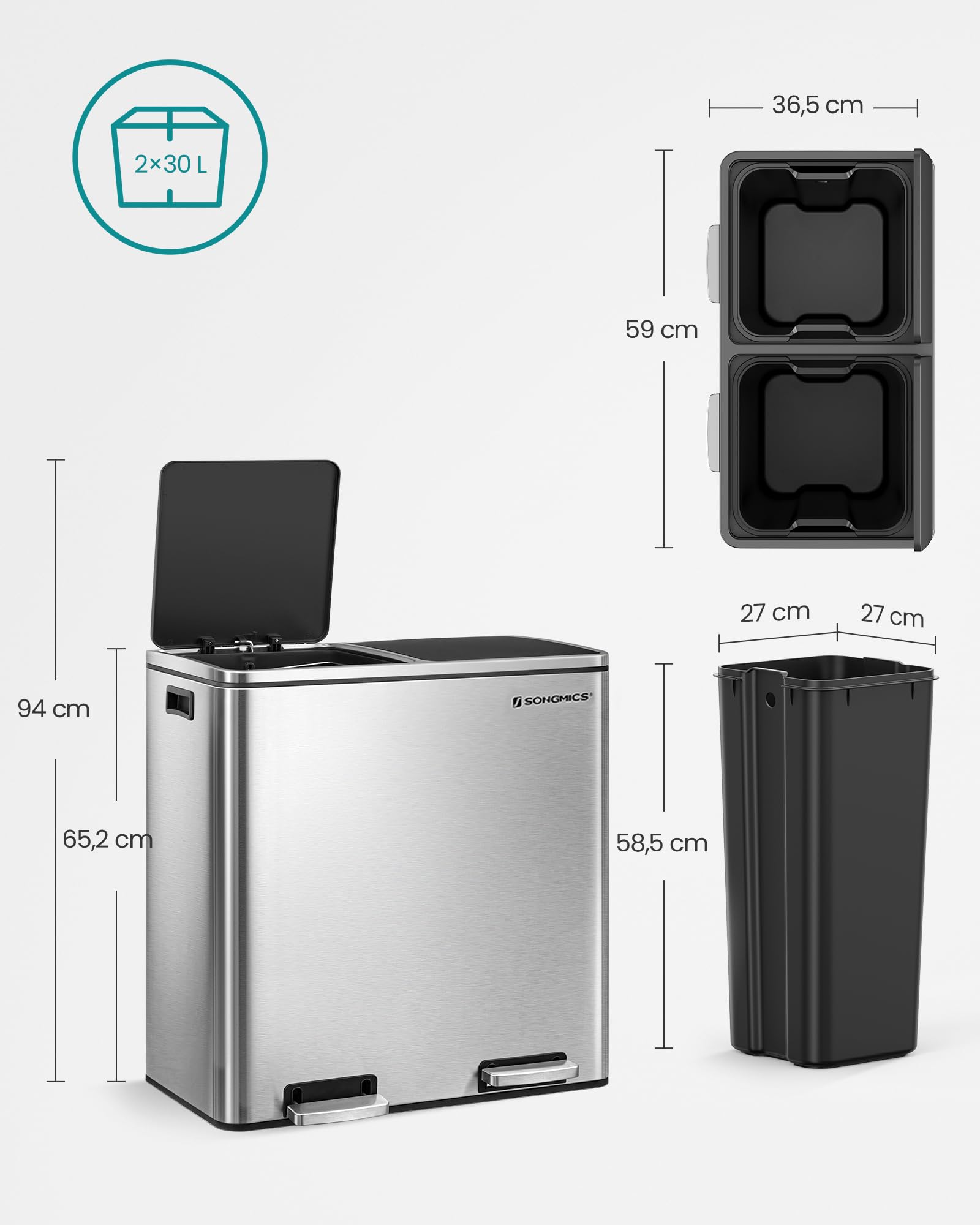 SONGMICS Cubo de Basura, 2 x 30 L, 2 Cubos, Reciclaje, Pedal de Metal, 15 Bolsas de Basura, Cubos Interiores de Plástico y Asas, Tapa con Bisagras, Cierre Suave, Hermético, Plata y Negro LTB60NL