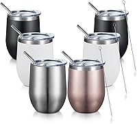 Vista 41 de COMOOO Vaso de vino de 12 onzas con tapa y popote, copa de vino de acero inoxidable, copa de vino de doble pared aislada al vacío para vino, Blanco