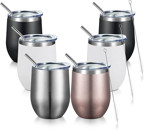 Miniatura 41 de COMOOO Vaso de vino de 12 onzas con tapa y popote, copa de vino de acero inoxidable, copa de vino de doble pared aislada al vacío para vino, Blanco