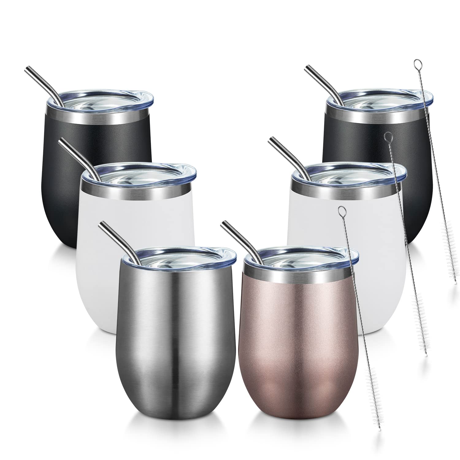 COMOOOStainless Steel Wine Tumbler with Lid and Straw 12oz Double Wall Vacuum Insulated Travel Tumbler Cup for Coffee, Wine, Cocktails, Champagne (Black White Silver and Rose Gold,6 Pack)