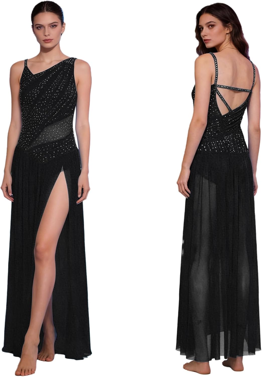 JEATHA Womens Lyrical Dance Costume Modern Contemporary Leotard Backless Mesh Flowy Long Dress
