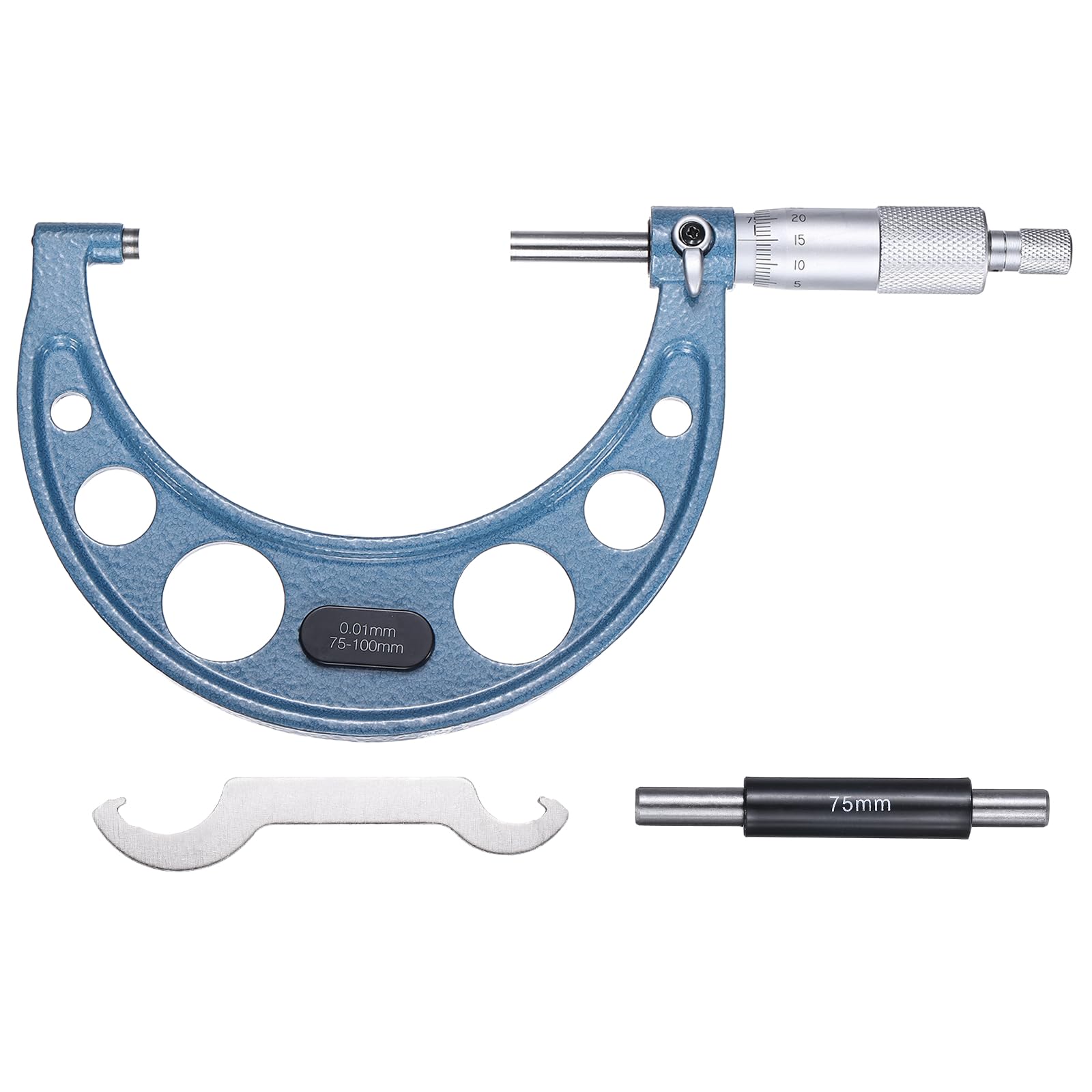 Herramienta de medición de precisión de grado industrial para metal, con rango métrico de 75-100 mm y precisión de +/-0,01 mm, con tope de trinquete, para maquinistas e ingenieros. Color azul.