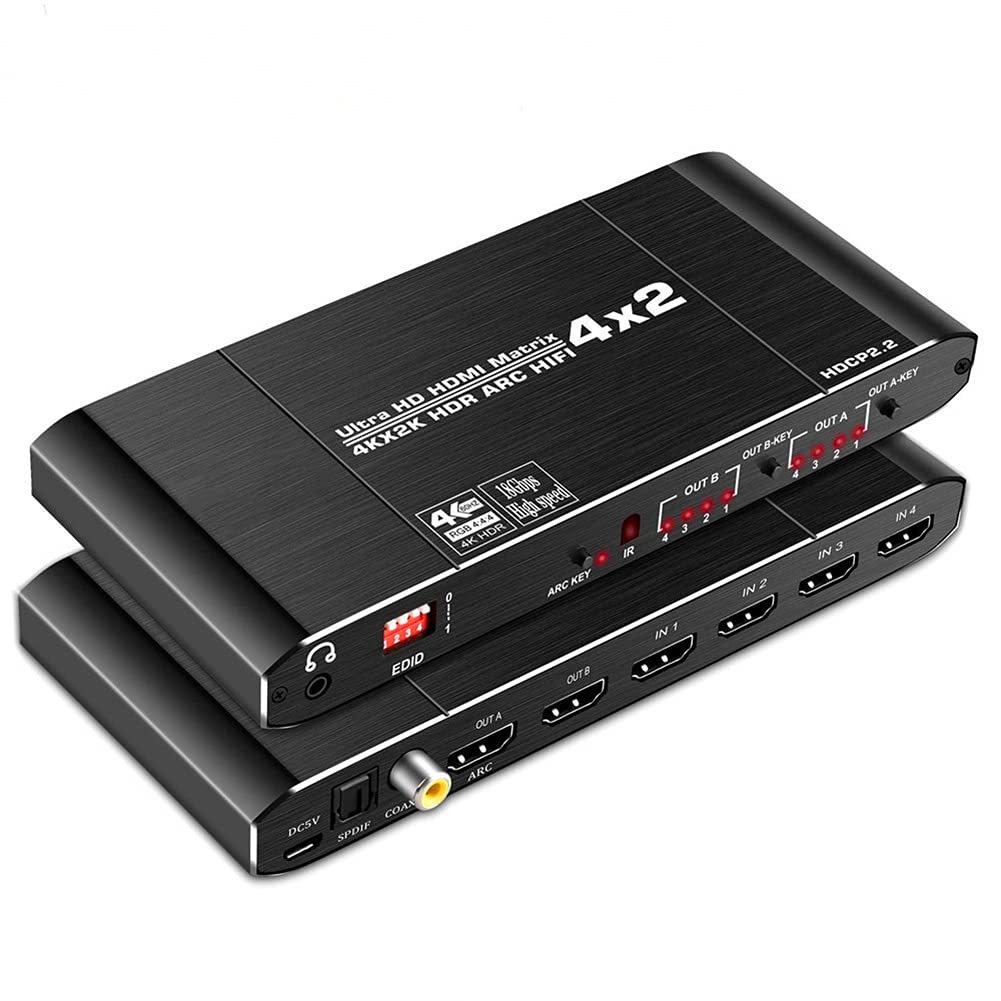 RSGK Matriz HDMI2.0 De 4 Entradas Y 2 Salidas, con Óptica Toslink SPDIF + Coaxial + Salida De Audio De 3,5 Mm, Separación De Audio De 4K60hz + ARC HDCP2.2 EDID