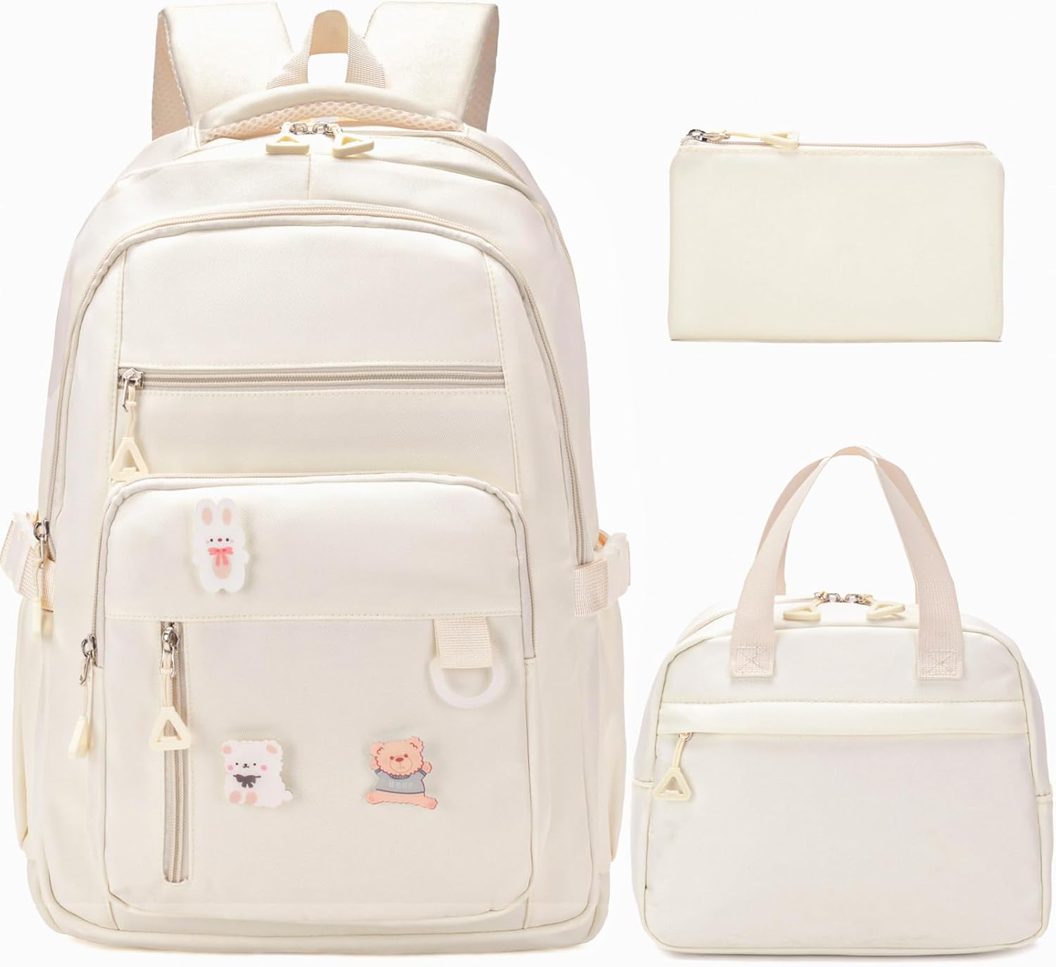 Kawaii Girls Backpack with Lunch Box Set, Cute Aesthetic Backpack Teens Bookbag for Middle High School (Beige)