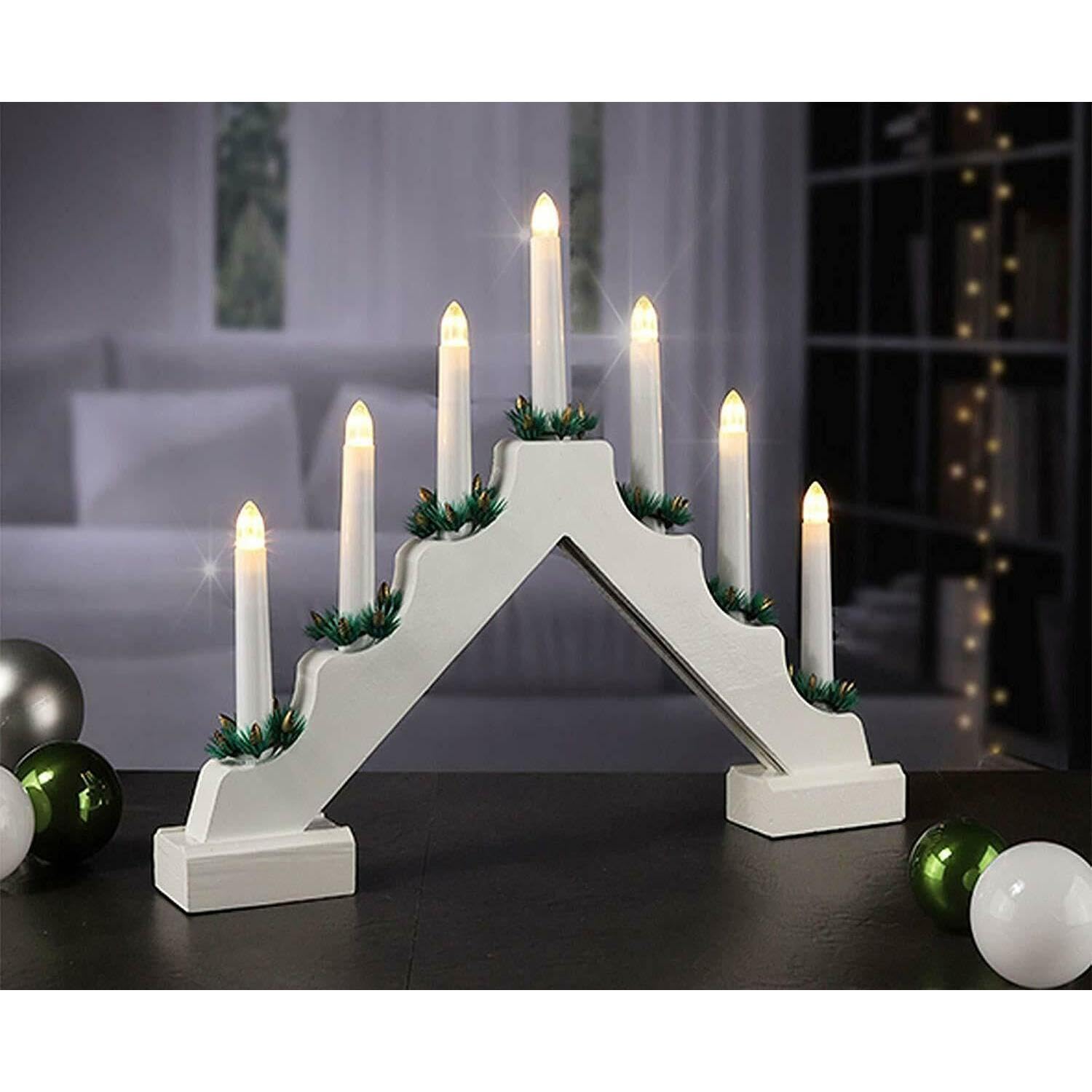 Geezy White Wooden Christmas Candle Bridge Arch With 7 Led Candles, Timer Function & Finish - Battery Operated Warm Led Christmas Lights - Xmas Decorations & Ornaments For Window Sills, Mantels