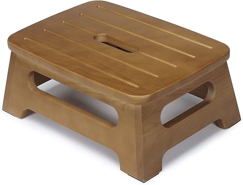 S SEEKINGTAG - Taburete de madera para adultos y niños, taburete resistente, carga máxima de 350 libras, no requiere montaje (nogal claro)