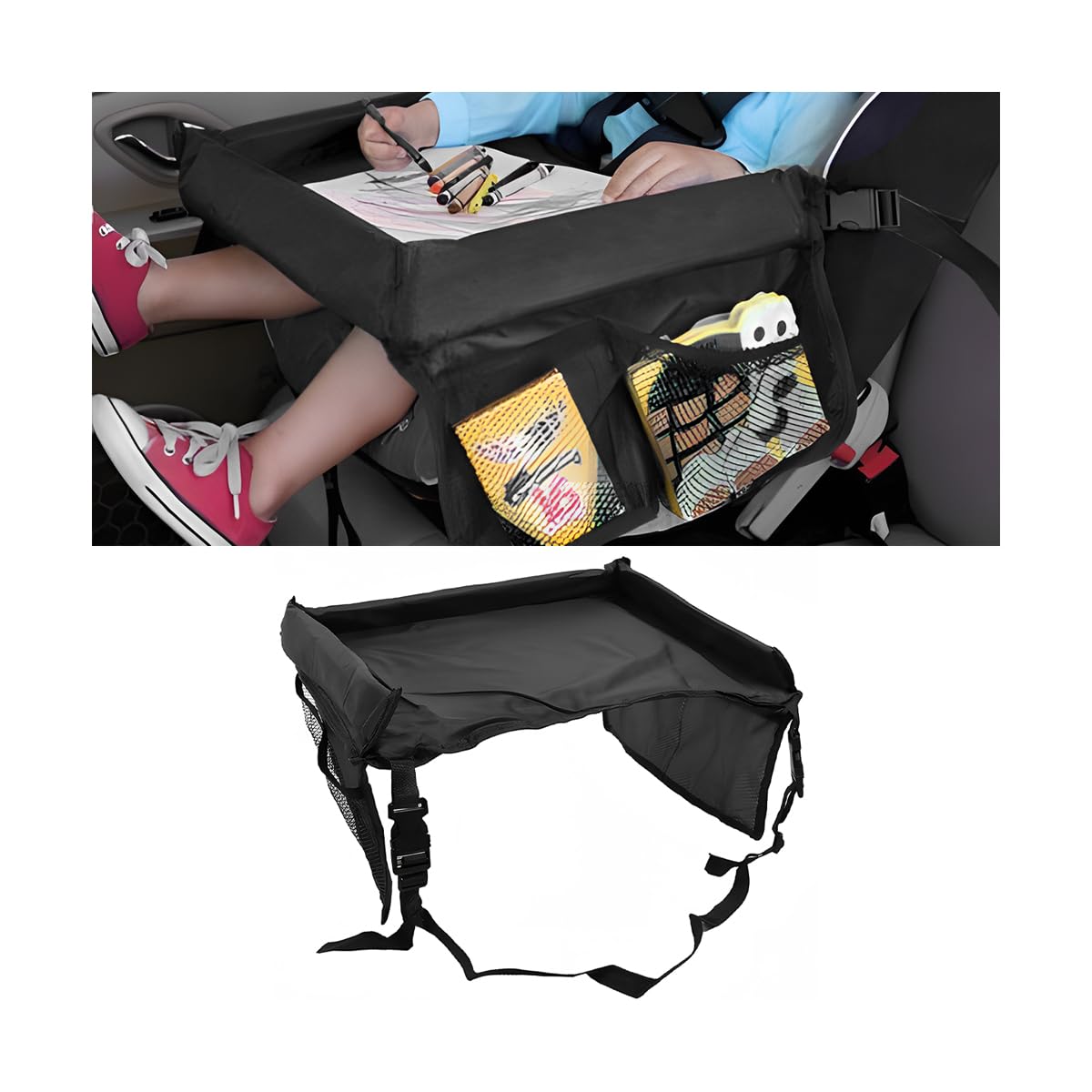 Bandeja Coche Niños, Mesa Para Niños Asiento Coche, Mesas Infantiles Para Asiento Trasero Coches Accesorio De Coche Fácil Limpiar Con Bolsillos Laterales Para Asientos Coches(Negro)