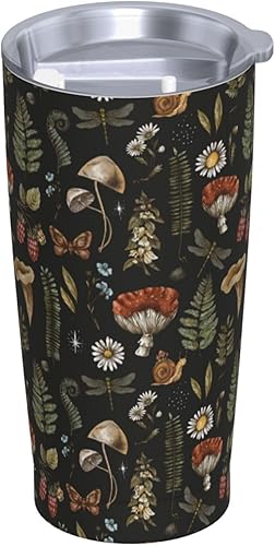 Miniatura 8 de Vaso aislado vintage con diseño de hongos mágicos y hojas de bosque de 20 onzas con tapas y pajita, taza de vacío de acero inoxidable para café,