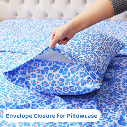 Image of Mooreeke Leopard Cheetah Printed Full Bed Sheets, Soft Microfiber Bedding Sheets & Pillowcases, Deep Pocket Non-Slip Fitted Full Sheet, Blue Animal Pattern Bedsheets