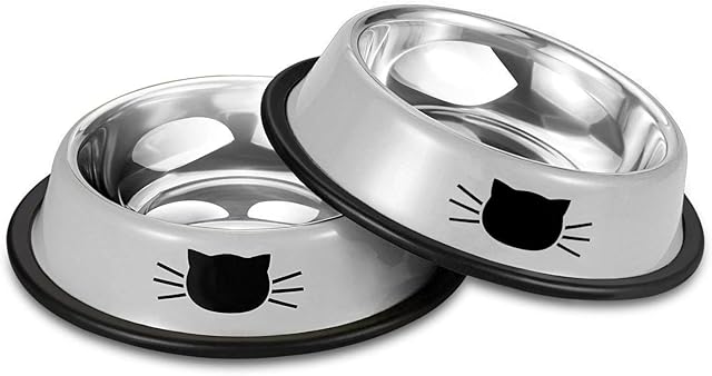 Comsmart Stainless Steel Pet Cat Bowl Puppy Dish Bowl with Cute Cats Painted Non-Skid for Small Dogs Cats (Grey/Grey)