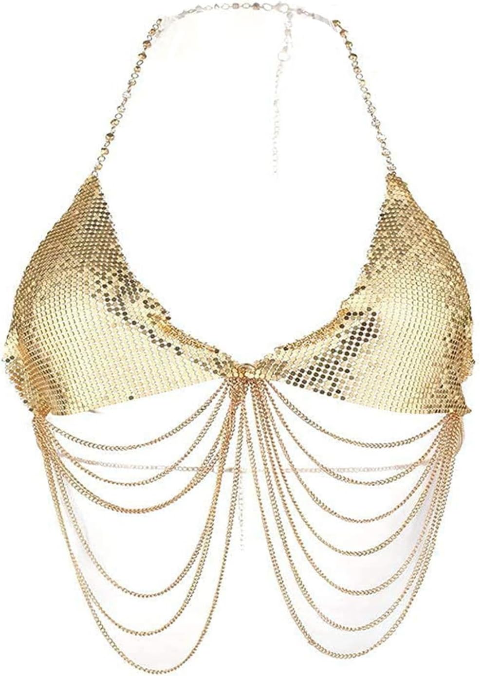 Sequin Body Chain Halter Crop Top Shirt Adjustable Waist Rhineston Tassel Crystal Bra Party Carnival Sparkly Backless Body Jewelry for Women