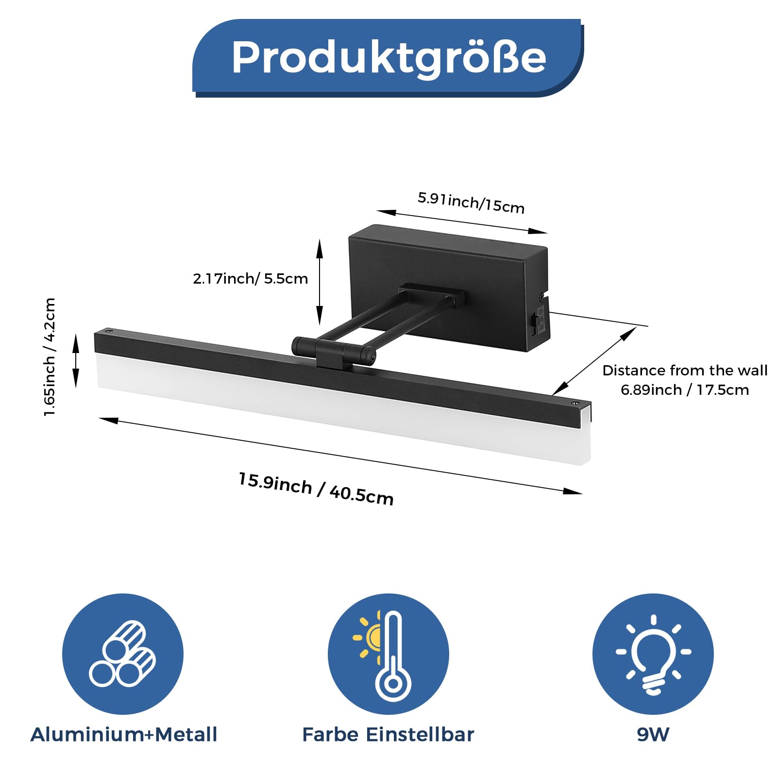 LED Spiegelleuchte Badezimmer 40.5cm, Dimmbare Badezimmer Wandleuchte IP20, 9W 510 Lumen Spiegelleuchte Lampe Badezimmer, Badezimmerleuchte Wand Aluminium, 3CCT, Schwarz [Energieklasse G]
