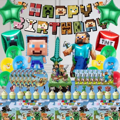 Hkyiowdp Geburtstagsdeko Kinder, 66 Pcs Geburtstag Deko, Geburtstag Luftballon, Banner, Partygeschirr mit Tischtuch, Tortendeko, Pappteller, Servietten, Party Deko für Jungen, Mädchen
