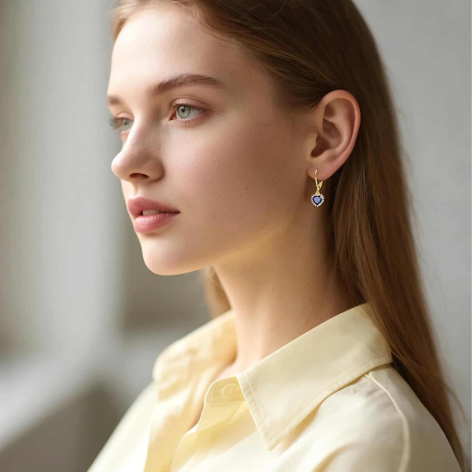 14k Real Gold Heart Sapphire Earrings Dangle Heart Shape Navy Blue Stone Leverback Earrings Solid Gold September Jewelry For Women Female Lover Mother Gifts