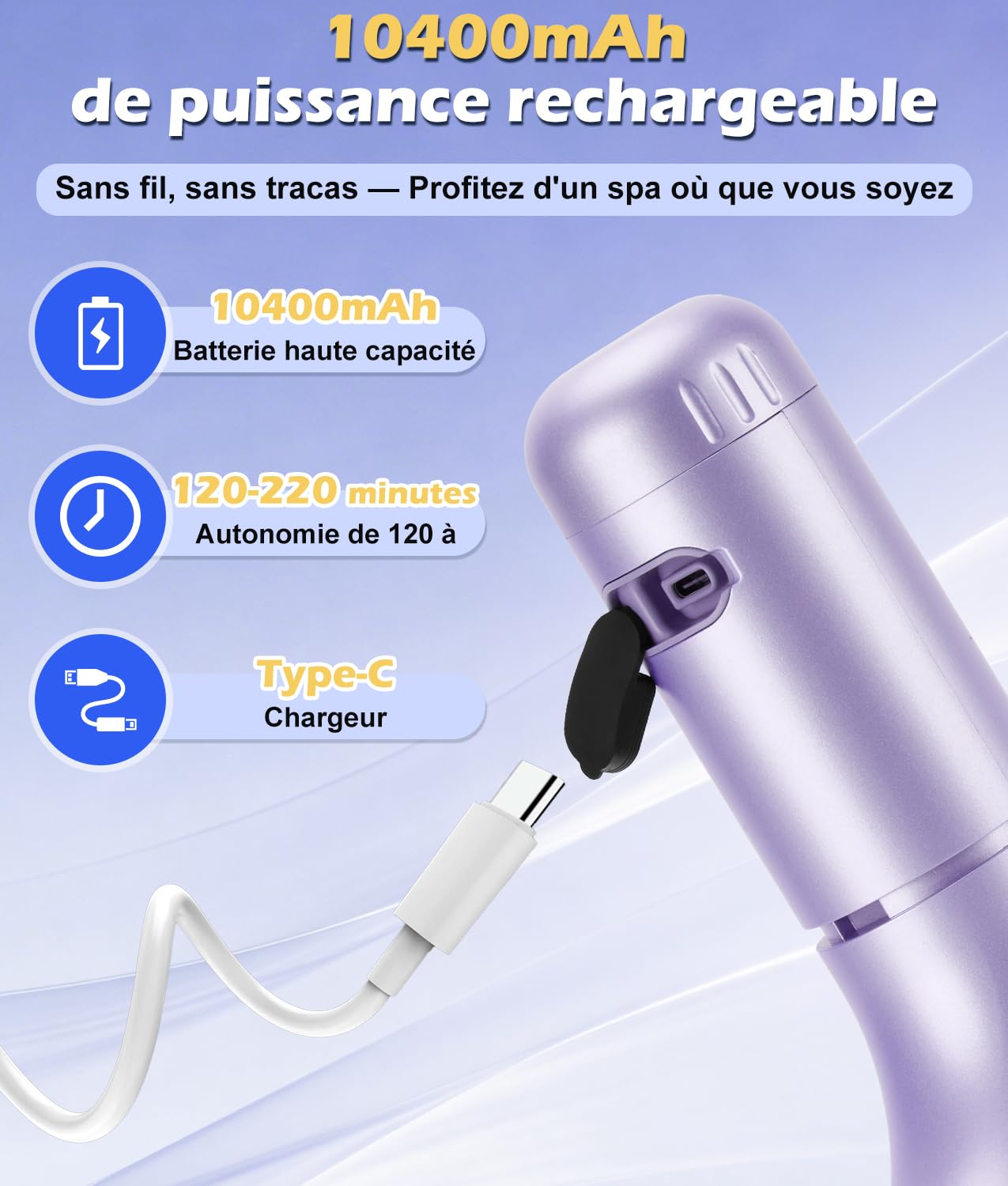 PAHTTO Jet spa pour baignoire, accessoire portable pour baignoire avec 5 vitesses réglables, mode jet de bain/bulle pour un spa à domicile et une détente optimale (violet)