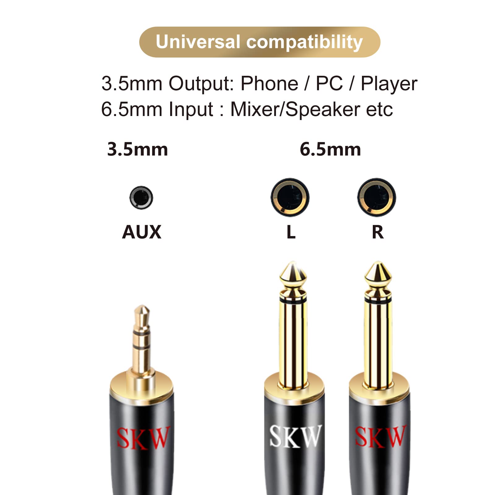SKW Câble 3.5mm vers 2x 6.35mm, Cuivre de haute pureté 6.35 Mâle vers 3.5 Mâle Mono Y Splitter Jack Câble Compatible avec Amplificateur Table de Mixage Carte Son Enceinte Casque Smartpone -10M