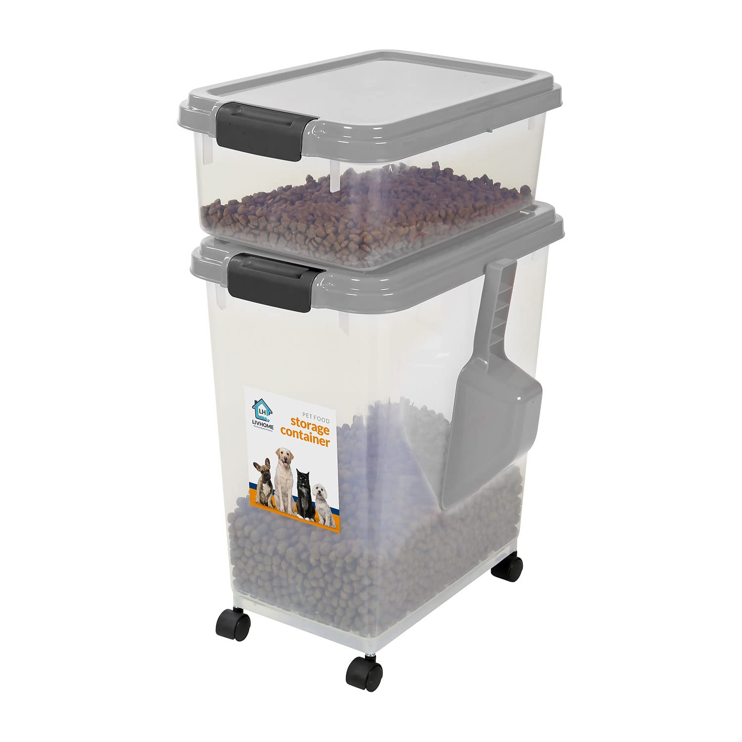 Livhome 3-Piece 50L Airtight Pet Food Storage Container Combo with Scoop and Treat Box for Dog Cat and Bird Food, Keep Pests Out, Translucent Body, Easy Mobility, Grey โ image 1