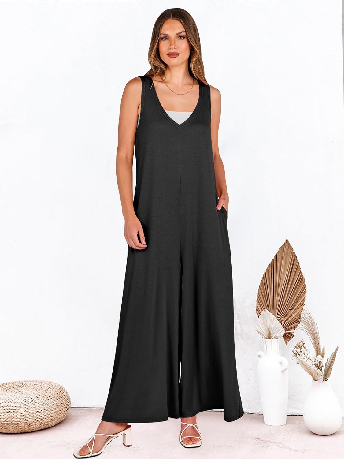 ANRABESS Women's Casual Summer Loose Jumpsuits Sleeveless Tank V Neck Wide Leg Long Pant Rompers Baggy Jumper with Pockets - Image 7