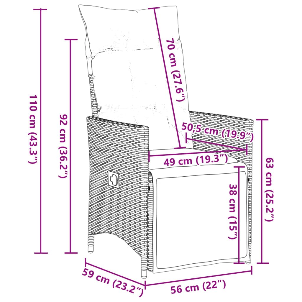 vidaXL Sillón reclinable de jardín con Cojines ratán sintético Gris, Silla de Patio reclinable, Asiento de jardín reclinable, Tumbona