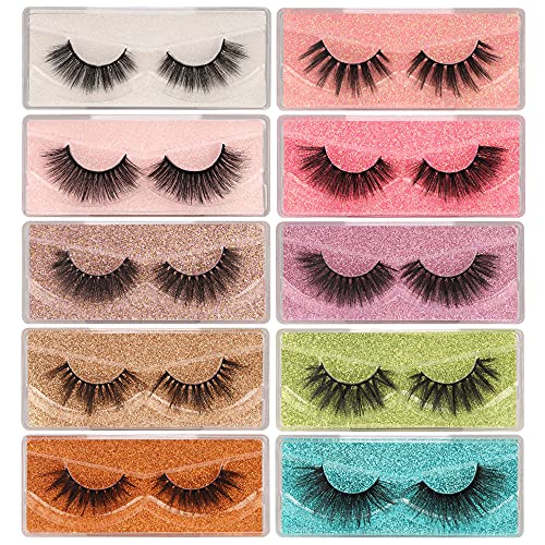 False Eyelashes 3D Faux Mink Lashes Pack 18mm 20mm Dramatic Fluffy Eyelashes 10 Pairs 10 Styles Mixed Thick Volume Soft Reusable Fake Eyelashes Bulk with Glitter Portable Boxes