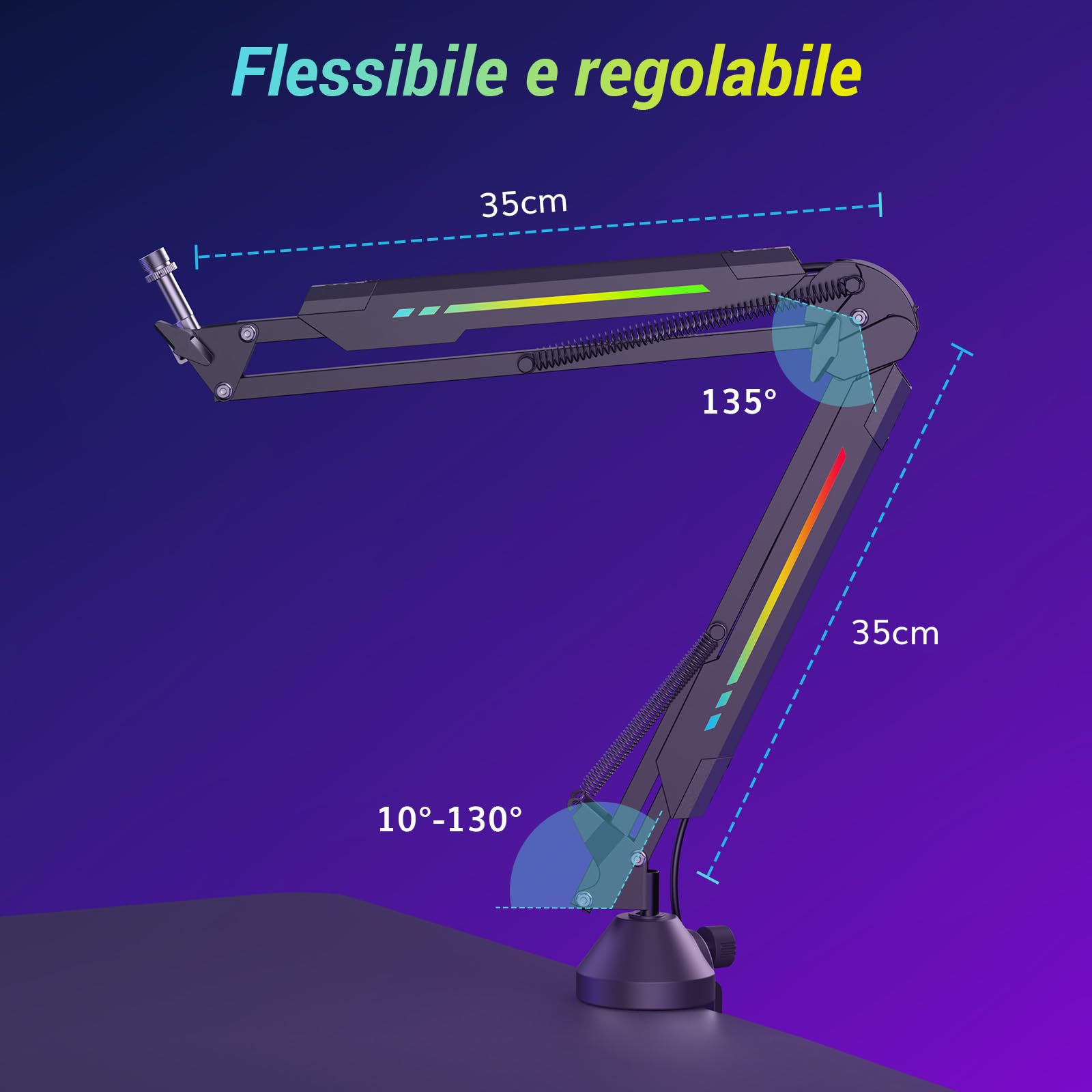 TONOR Braccio per Microfono con RGB, Braccio per Microfono con Morsetto per Montaggio su Scrivania, Modalità RGB con Controllo Tramite App, Gestione Cavi, per Streaming, Giochi, Studio, T20S