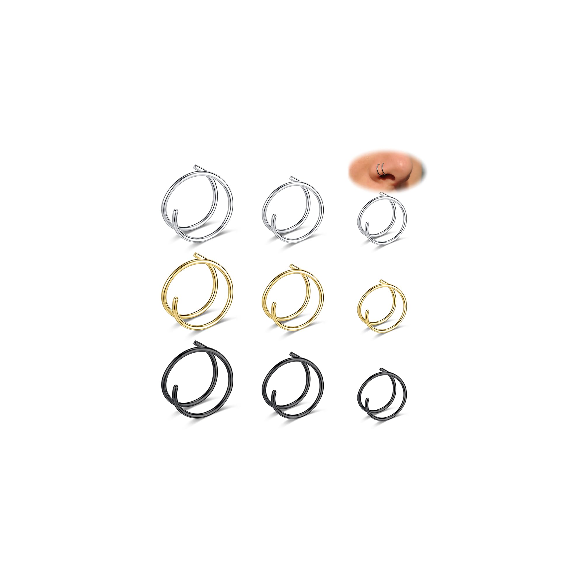 6ixGosh 18G/20G/22G Stainless Steel Hoop Nose Ring Cartilage Earring for Women Men Softened Double Hoop Nose Ring for Single Piercing Bendable Tragus