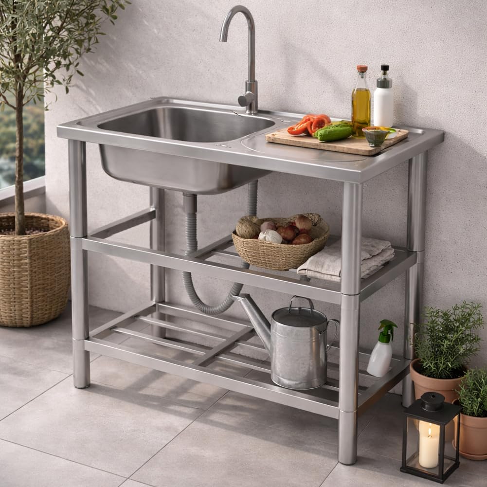 BAKAJI Lavello in Acciaio Inox con Rubinetteria Completa e Kit Sifone Ideale per Esterno, Patio, Giardino, Cucina in Balcone e Veranda, Lavandino con Ripiani Portaoggetti e Accessori, 75 x 40 x 80 cm