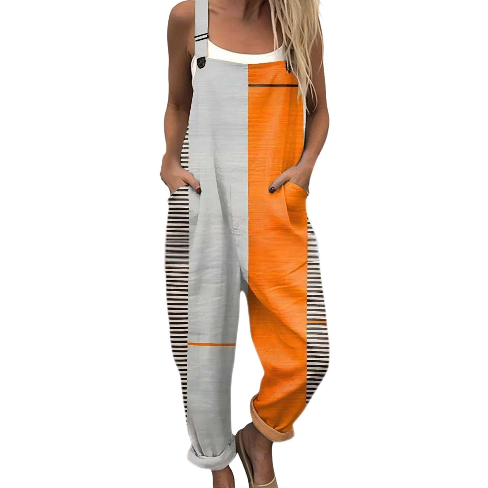 Generico Salopette Donna Estiva Lunga Elegante Tuta Jumpsuit Intera Curvy Casual Moda Stampa Jumpsuits Comoda Larga Pantaloni Da Lavoro Con Tasca Leggera Baggy Salopettes da Casa, Playsuit Mare