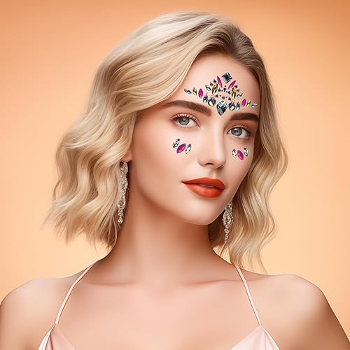 Miniatura 3 de Allruyee 4 paquetes de joyas para la cara, gemas de sirena con purpurina de cristal, calcomanías de cristal impermeables para ojos, tatuajes