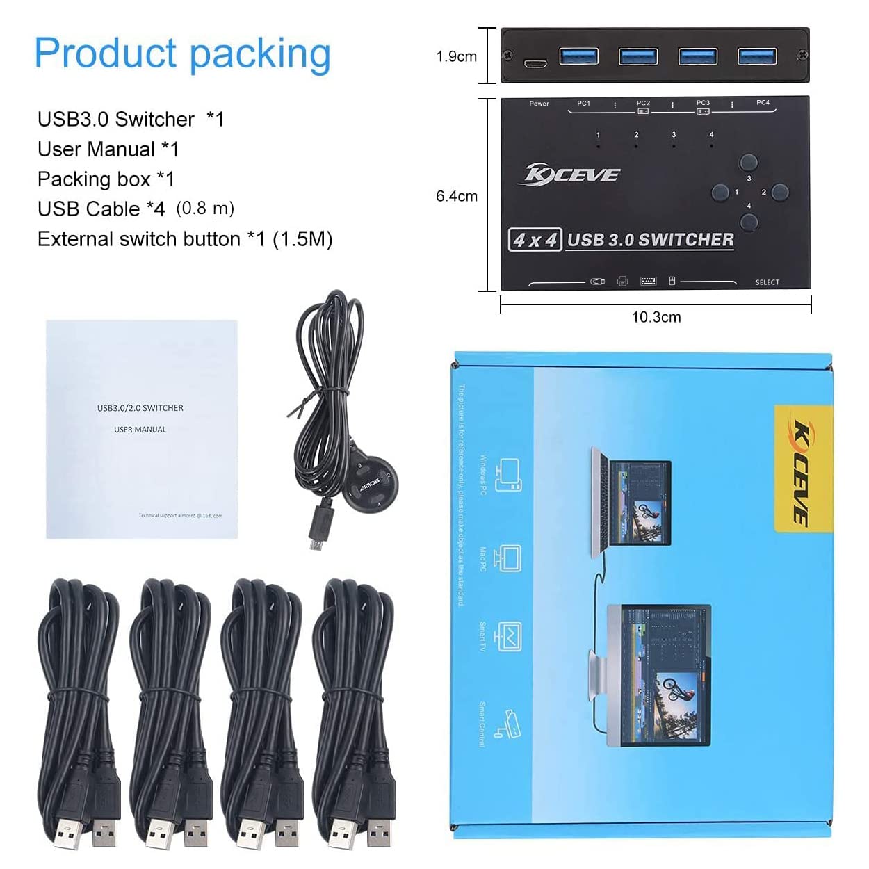 KCEVE Przełącznik USB 3.0, koncentrator USB do 4 komputerów, udostępnianie 4 urządzeń USB do myszy, klawiatury, skanera, drukarki itp