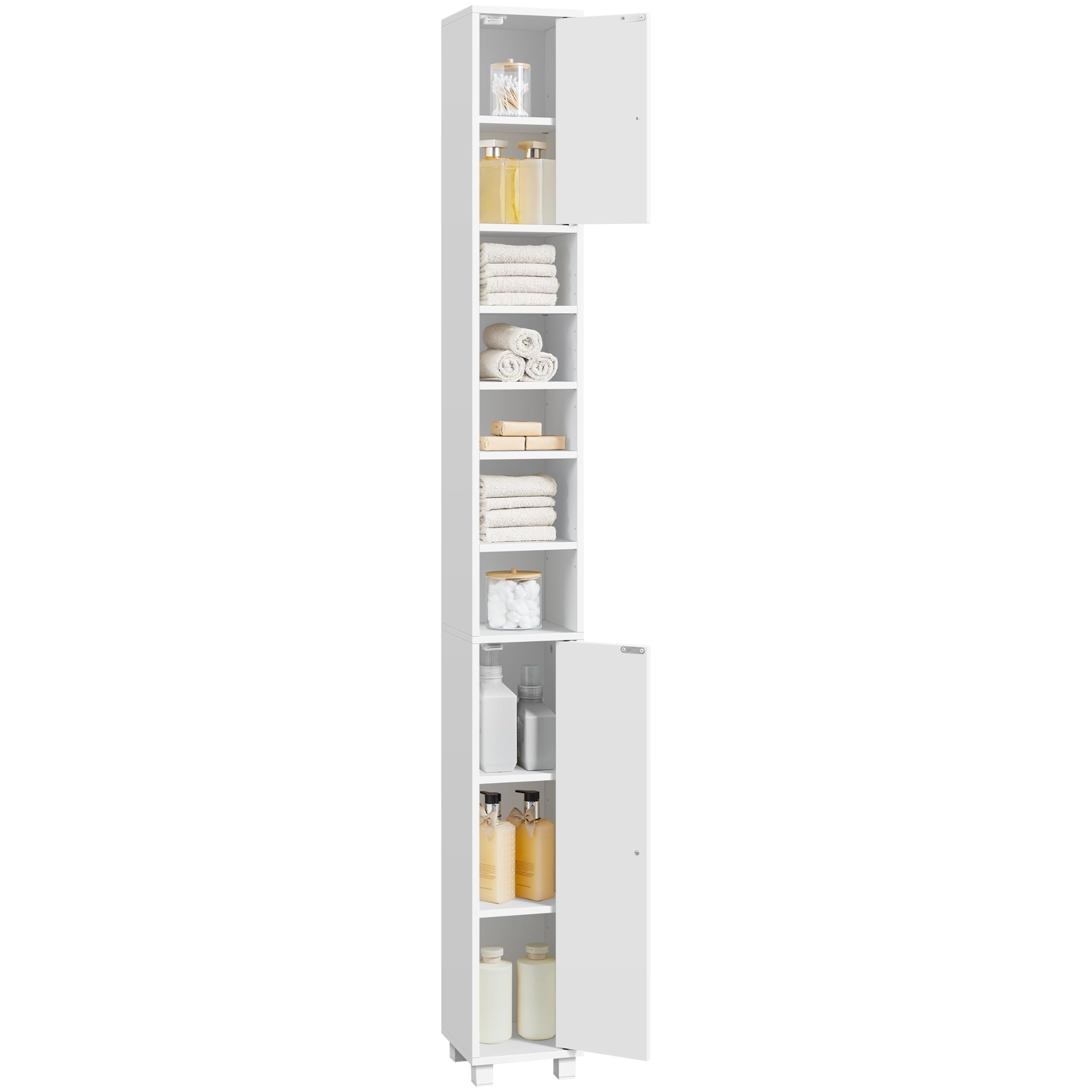 Yaheetech Mueble Columna de Baño Estrecho, Estanterías con 2 Puertas, Estantes Ajustables Espacio Abierto, Mueble Auxiliar de Almacenaje para Salón Dormitorio, 20x20x180cm, Blanco