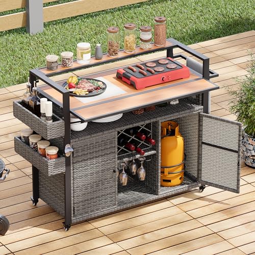 Image of Merax 52.8 inch W Wicker Outdoor Grill Cart with Extended Plastic Wood Table Top, Rolling Kitchen Island on Wheels with Storage Cabinet, for Patio Backyard Garden Poolside, Black Brown