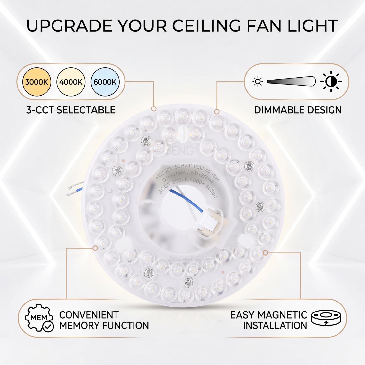 FTVOGUE Kit de Luz LED para Ventilador de Techo, 18W, 3 Colores Regulables, 3000K-6000K, Aluminio y PC, 12,5 x 2 cm, con Función de Memoria