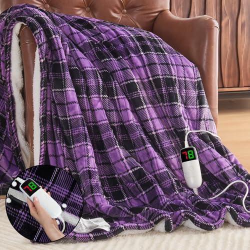 Purple Heated Blanket Electric Throw 50X60 Heating Blanket with 10 Heating Levels & 8 Hours Auto Off Purple Plaid Sherpa Blankets Winter Warmer Home Decor for Couch Bed Office Gifts for Mom Women