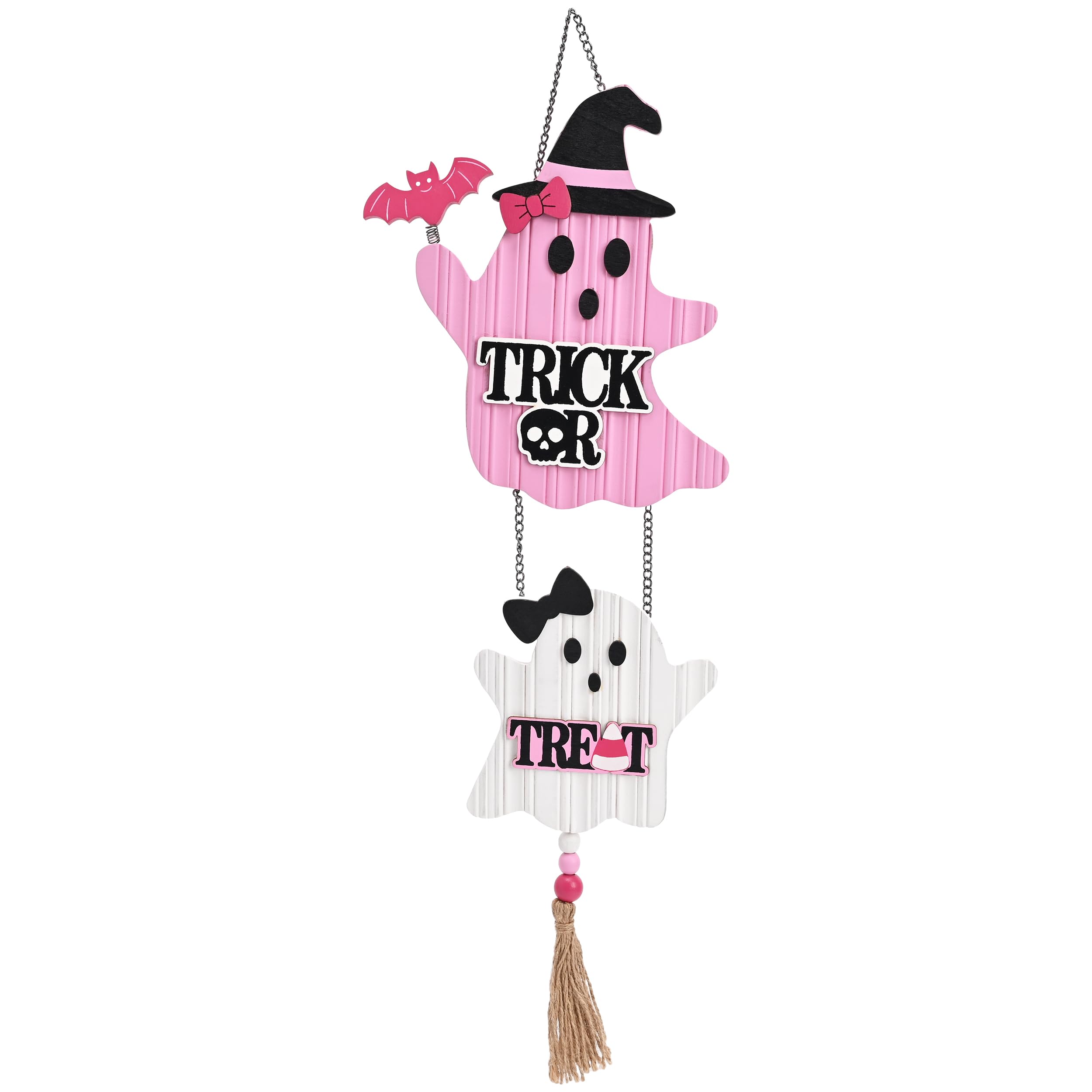 Valery Madelyn Pink Halloween Decor, Cute Halloween Door Wreath Decorations, Ghost with Witch Hat Wooden Hanging Sign for Wall Window Door Handle, 16 inch Medium