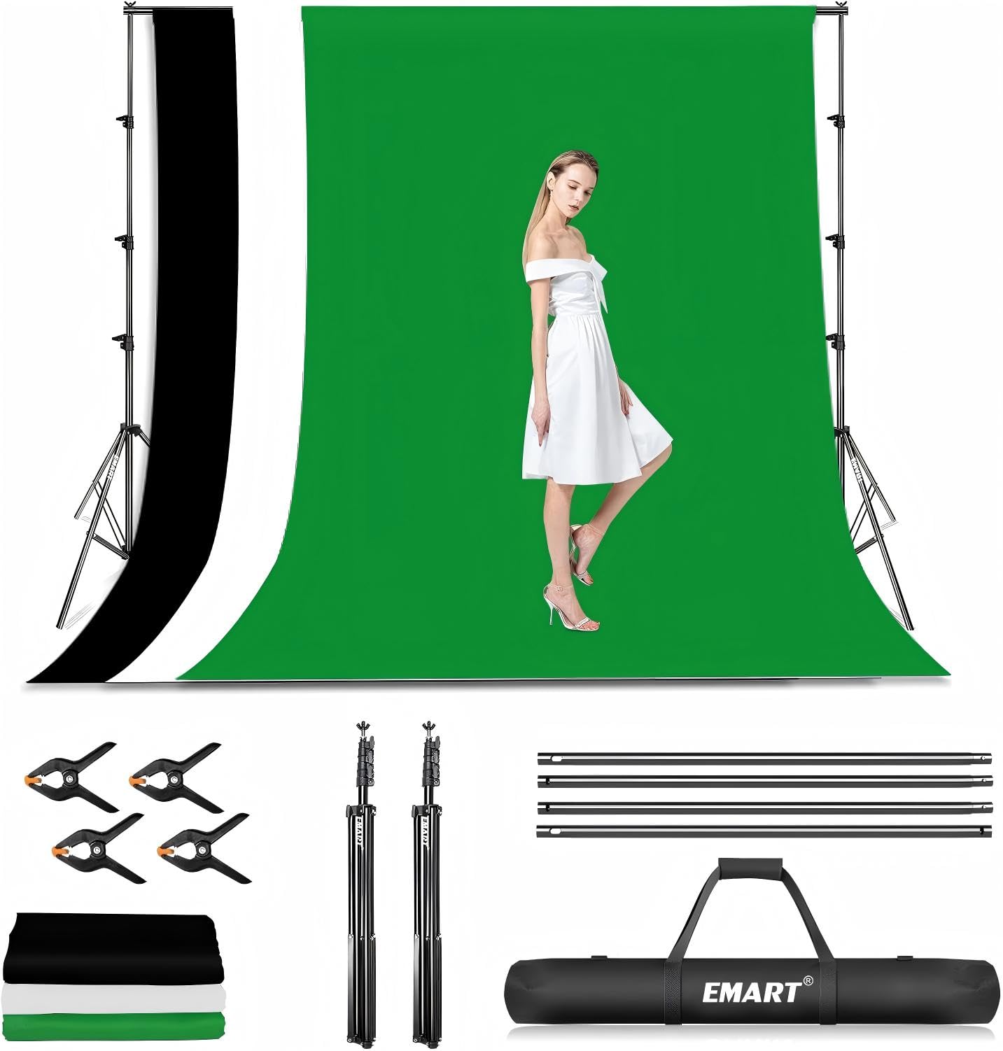 EMART Hintergrundsystem mit Stoff, 2,6×3m Professionelles Fotostudio Set | Foto Hintergrund Ständer Set mit Fotohintergrund, 4 Federklemm, Fotografie, Videoaufnahme YouTube