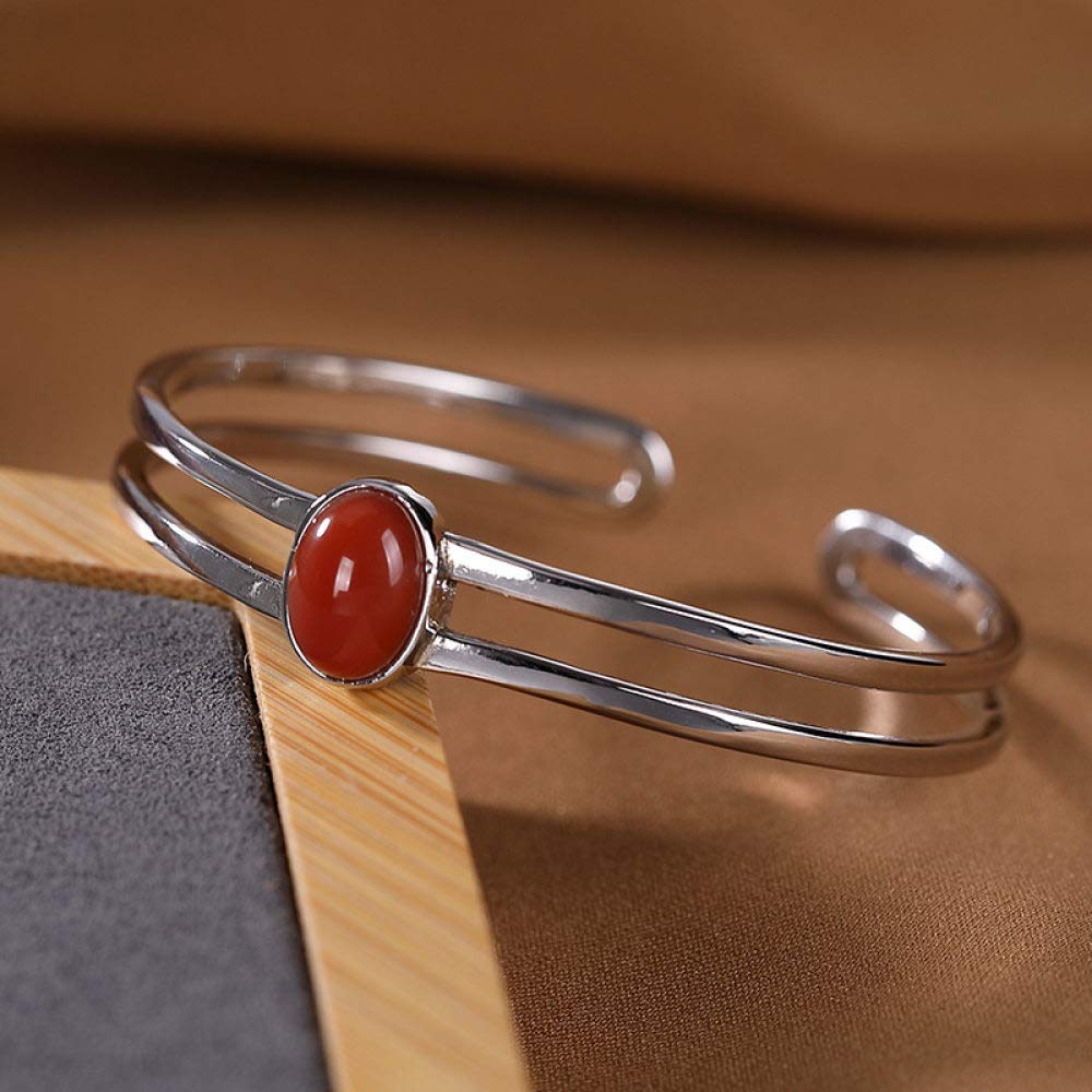 S925 Vintage Pulsera De Plata para Mujeres Hombres Oval con Incrustaciones De Ágata Roja Apertura Simple Y Sencillo Estilo Chino Personalidad Creativa Encanto Hermoso Regalo
