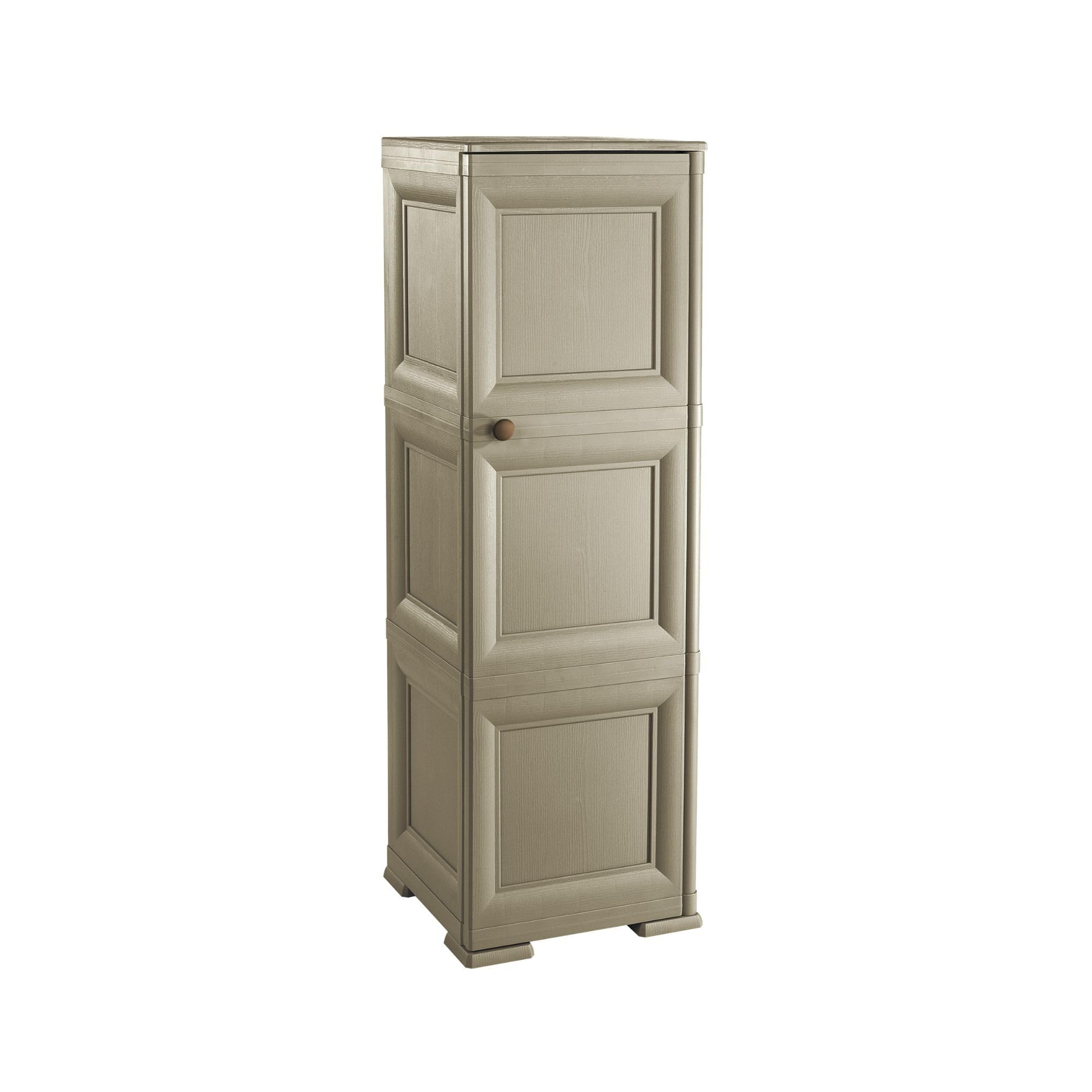 Armadio a Colonna in Plastica 40 x 43 x 125 cm con 3 Moduli, Anta e 3 Tasche Laterali – Mobile Multiuso Salvaspazio per Organizzazione Casa (Taupe)