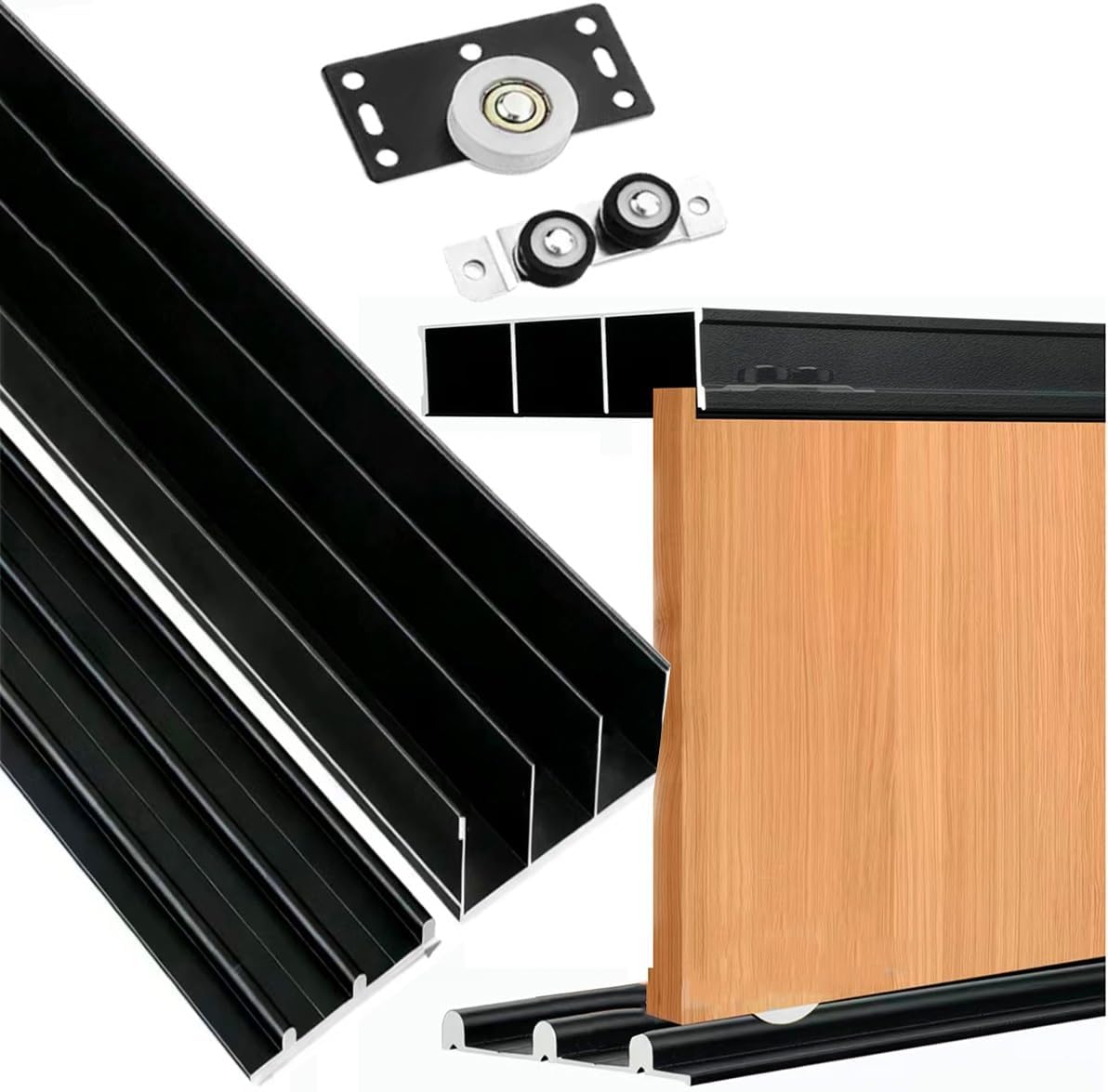 3-Track Sliding Door Track, Wardrobe Hardware Kit, Heavy Duty Triple for Cabinet Closet Room Divider Barn(Black,140cm(55"))
