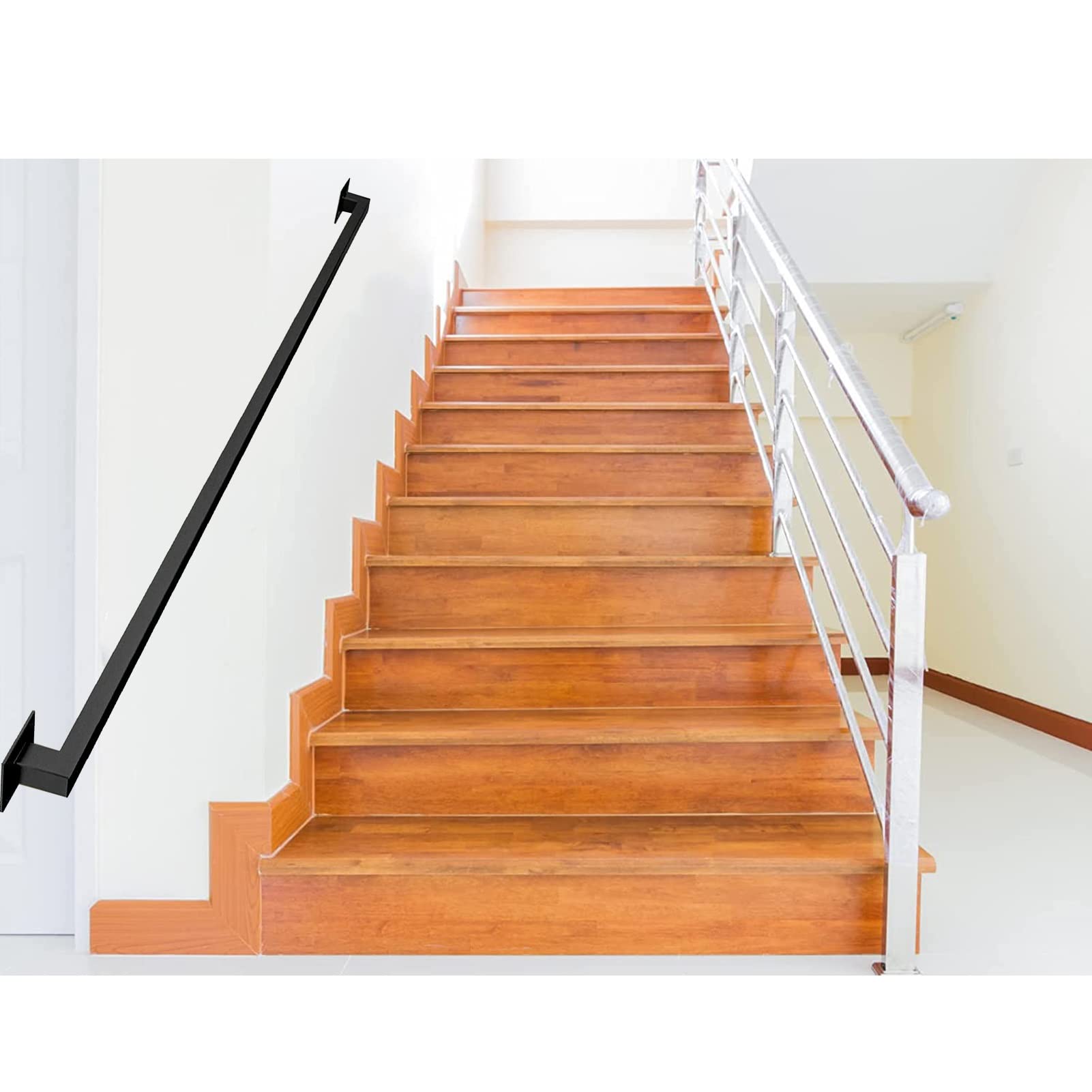 1ft-20ft Metal Stairs Handrail, Wall Balustrade Non-Slip Industrial Iron Square Pipe Hand Railing, Wall Mount Support Step Baluster for Indoor Outdoor Stairs Hospitals Bathrooms Ya,13.1ft
