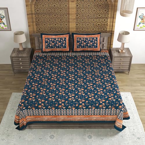 Image of BLOCKS OF INDIA Hand Block Printed 200 TC Cotton Super King Size Bedsheet(106 x 106) | Pack of 1, Batik Blue