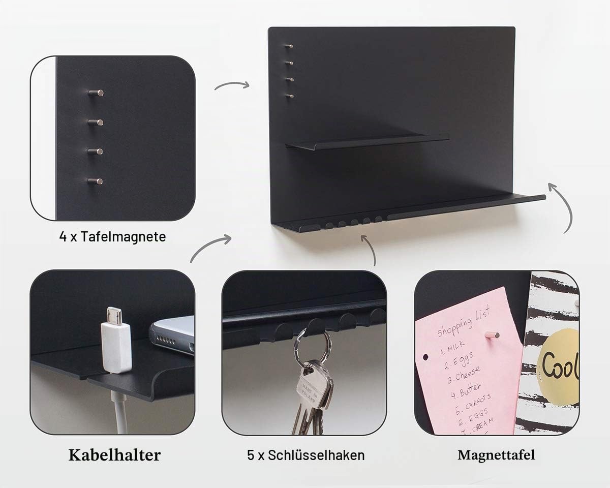 byde Wandorganizer Hebe aus Stahlstruktur. 49 x 9 x 30 cm 3-in-1 Wandregal mit Magnettafel und Magneten. Tafel für Schlüssel, Zeitungen und Notizen. Schwarze Farbe