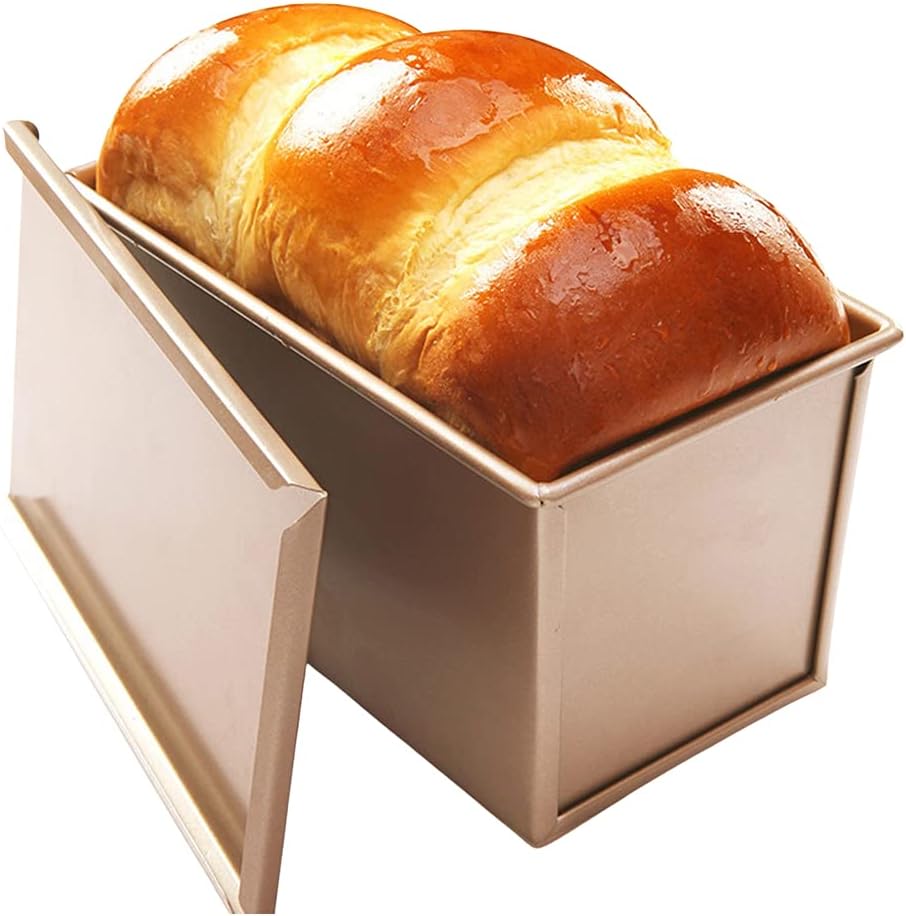 CANDeal Loaf Pan with Cover/Bread Baking Mould Cake Toast / Non-Stick Toast Box with Lid for 450g Dough, Vented Hole for Rapid Baking, Made from Heavy-Gauge Carbon Steel(Golden, Smooth Style)