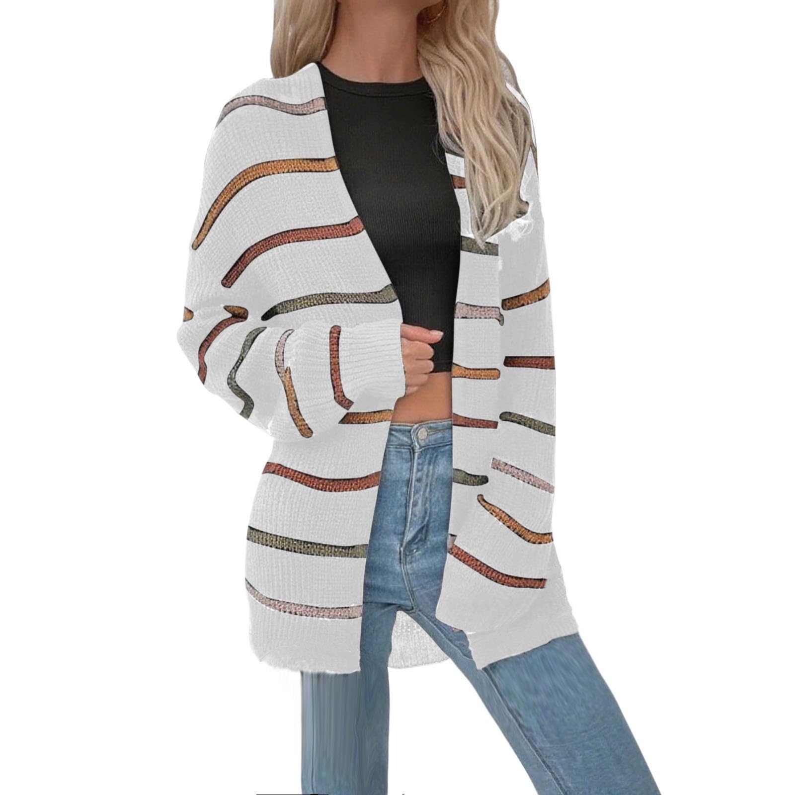 Womens Oversized Striped Color Block Mid-Length Cardigan Winter Warm Lightweight Ribbed Knit Sweater Cardigans Coats