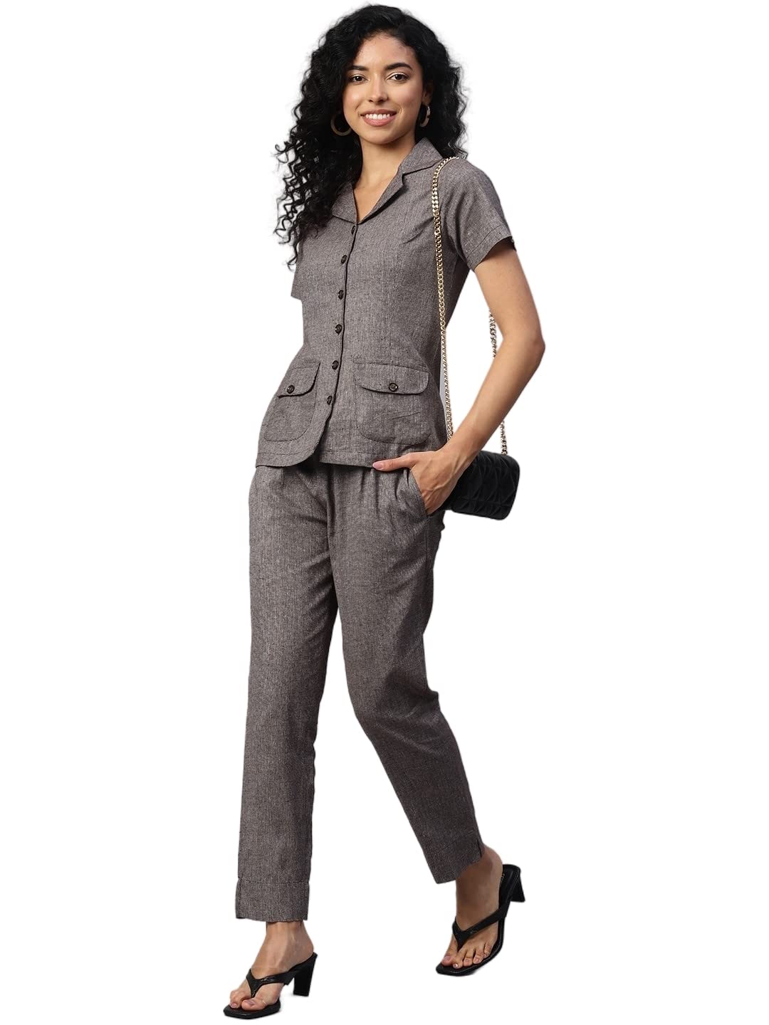 cottinfab Women Taupe Self Design Cotton Co ords Set Shirt with Trousers-picture-47
